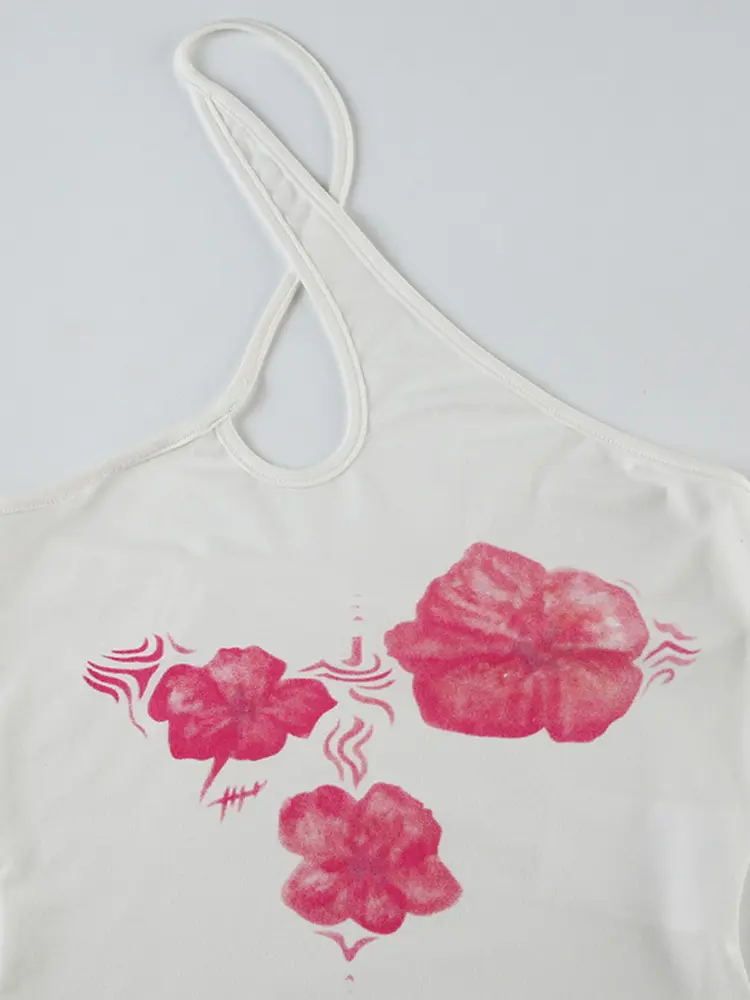FSMG Sexy Flower Prints Backless Cross Hanging Neck Vest  Fashion Personality Holiday Style Slim Suspenders Tops Summer Casual
