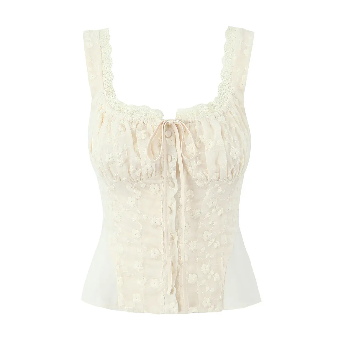Tie Bow ruffled Ruched Chest embroidery Camisole women Summer Tank Tops single-breasted Girl Slim Crop Top cami