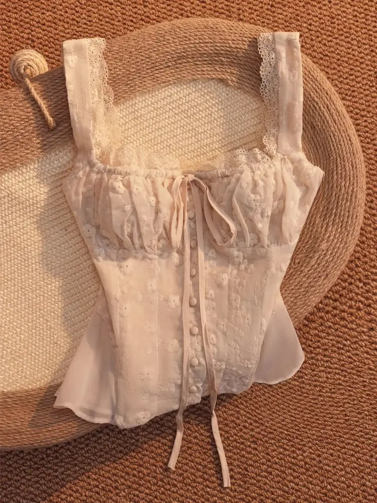 Tie Bow ruffled Ruched Chest embroidery Camisole women Summer Tank Tops single-breasted Girl Slim Crop Top cami