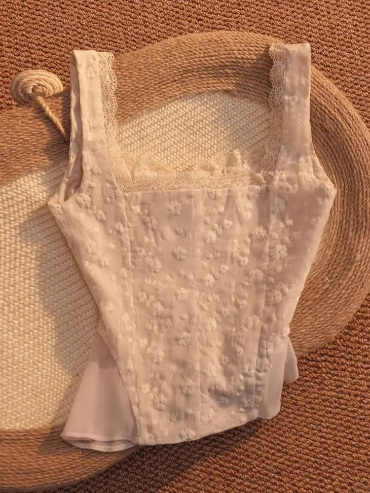 Tie Bow ruffled Ruched Chest embroidery Camisole women Summer Tank Tops single-breasted Girl Slim Crop Top cami