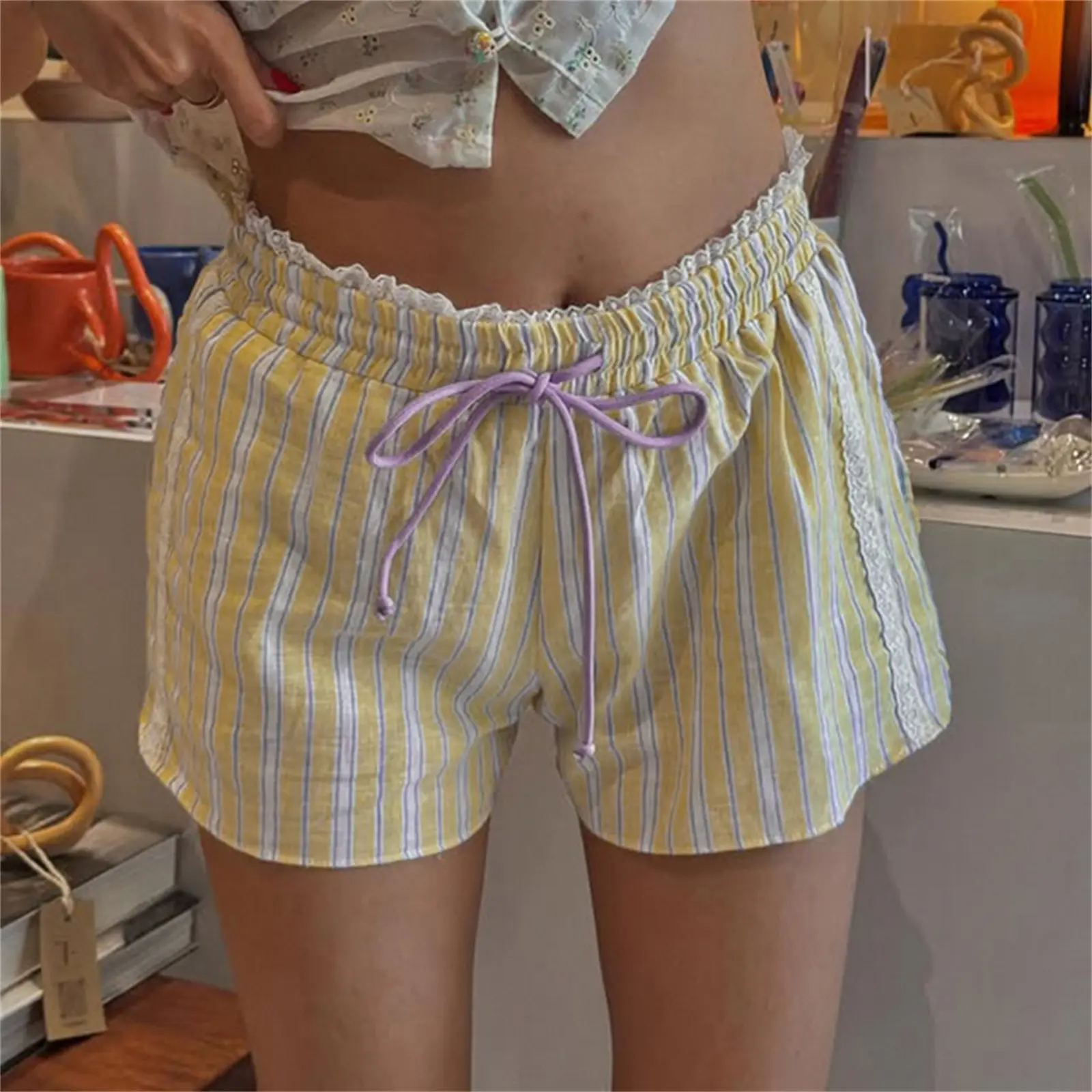 Puloru Drawstring Casual Shorts Women's Summer Cute Lace Trim High Waist Striped Shorts Homewear Soft Comfy Lounge Bottoms