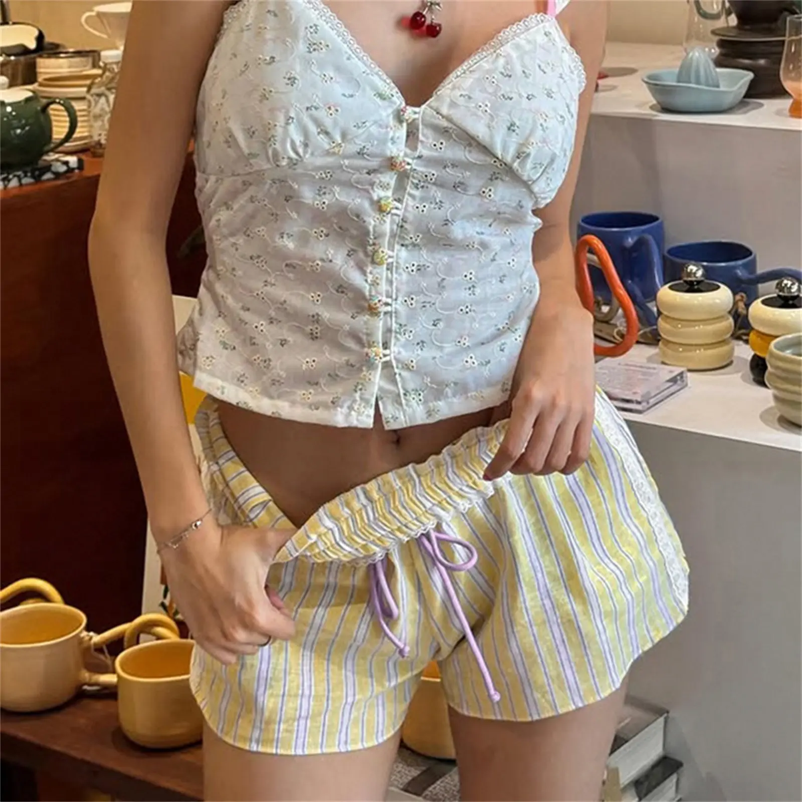 Puloru Drawstring Casual Shorts Women's Summer Cute Lace Trim High Waist Striped Shorts Homewear Soft Comfy Lounge Bottoms