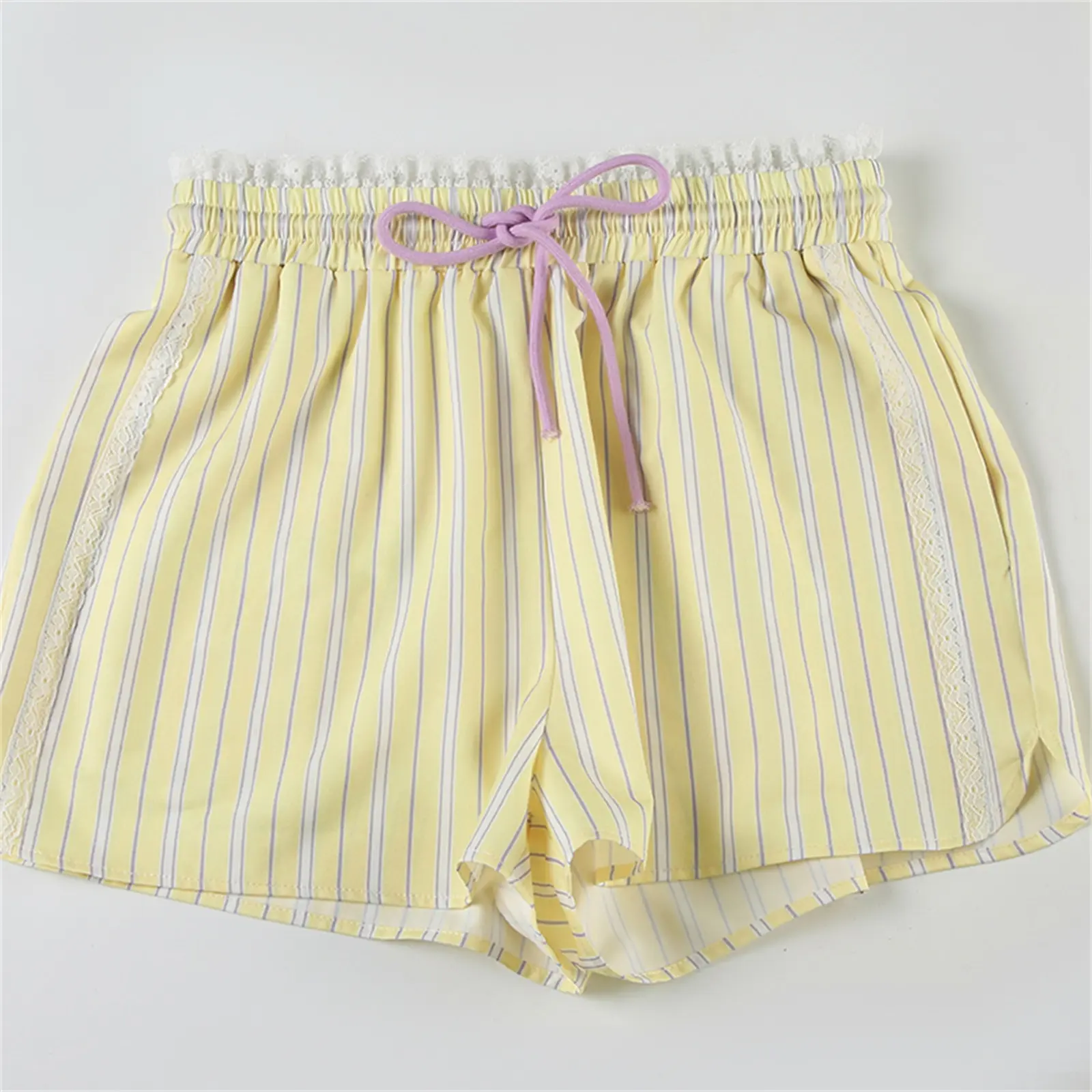 Puloru Drawstring Casual Shorts Women's Summer Cute Lace Trim High Waist Striped Shorts Homewear Soft Comfy Lounge Bottoms
