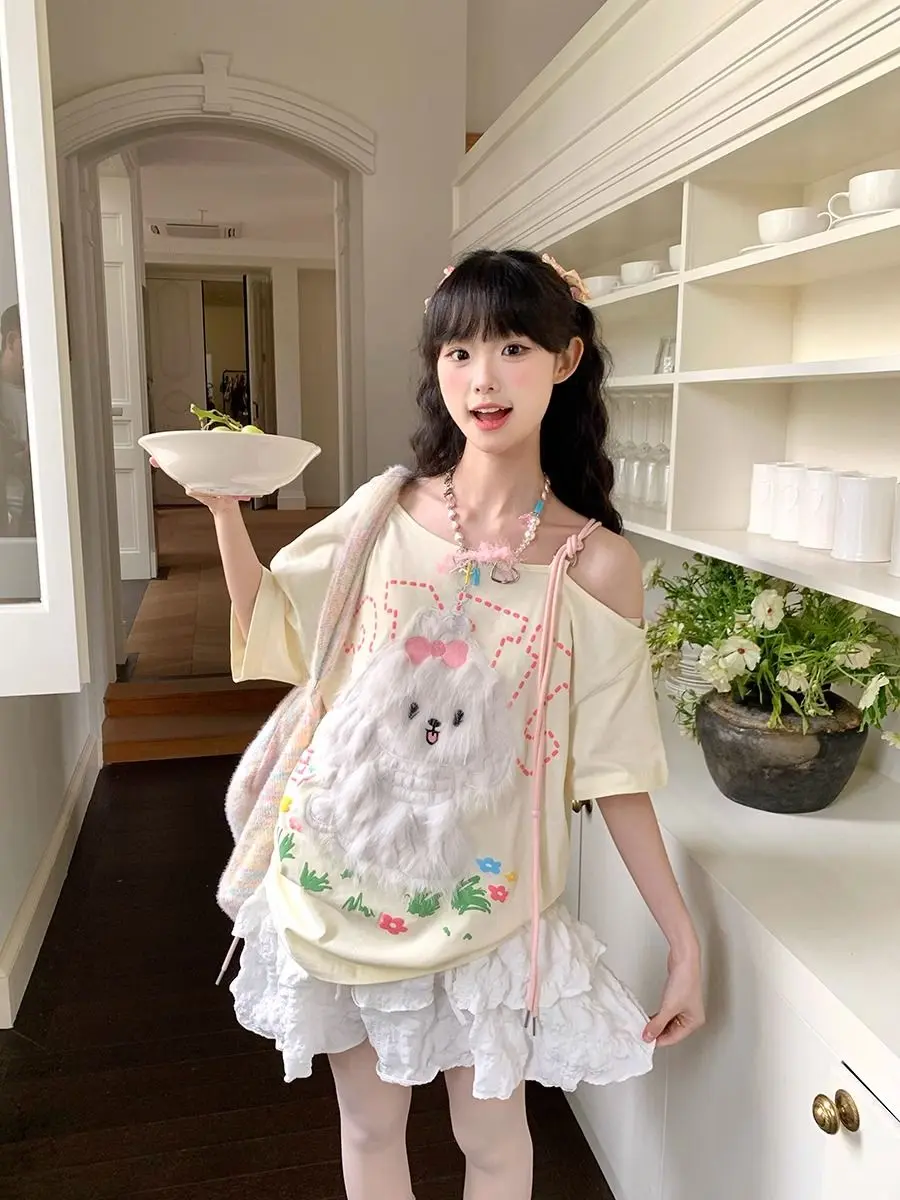 Xgoth Summer Sweet Girl Student Plush Dog Embroidery Cute Short Sleeved T-shirt Women Top Yellow Off Shoulder Loose Casual Top