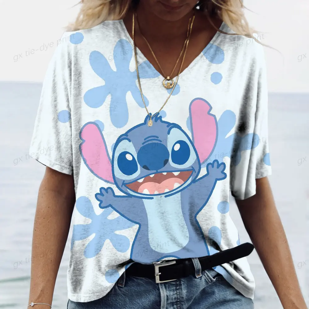 Summer V-neck T-shirt Loose and Comfortable Lilo&Stitch Printed Simple Fashion Street Women's T-shirt Daily Top Clothing