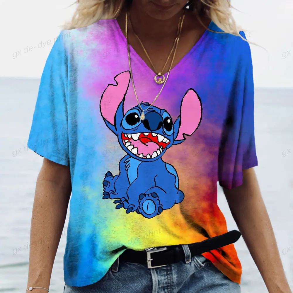 Summer V-neck T-shirt Loose and Comfortable Lilo&Stitch Printed Simple Fashion Street Women's T-shirt Daily Top Clothing