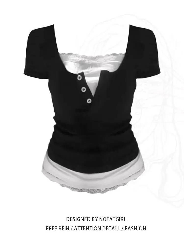 American lace patchwork short sleeved T-shirt for women summer 2025 new style front shoulder slim fit V neck top women clothes