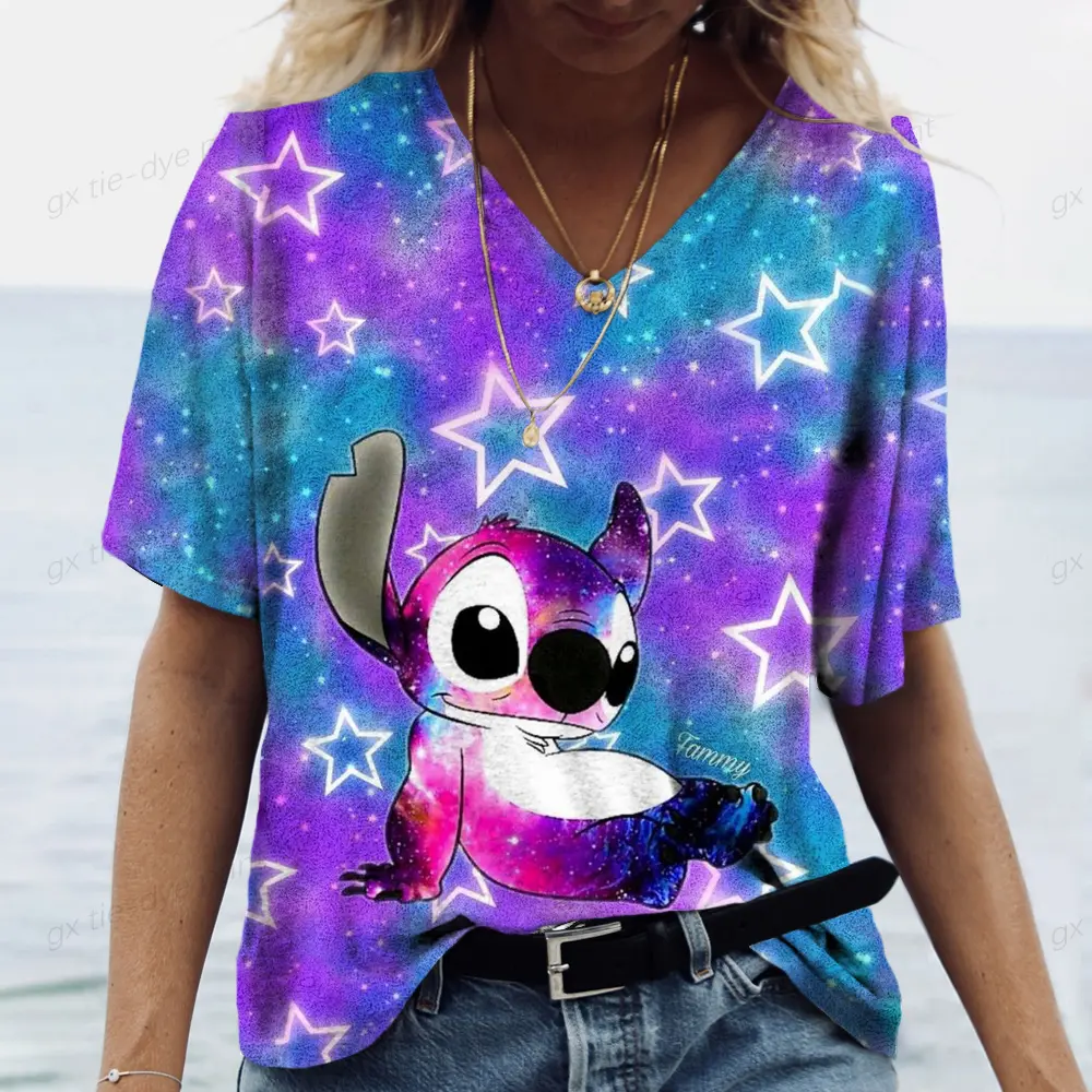 Summer V-neck T-shirt Loose and Comfortable Lilo&Stitch Printed Simple Fashion Street Women's T-shirt Daily Top Clothing