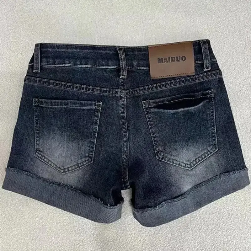 Retro Roll Up Hem Deep Blue Denim Shorts Women Summer Sexy Low Rise Hip Covering Jean Shorts Girl Hot Vintage Streewear Bottoms