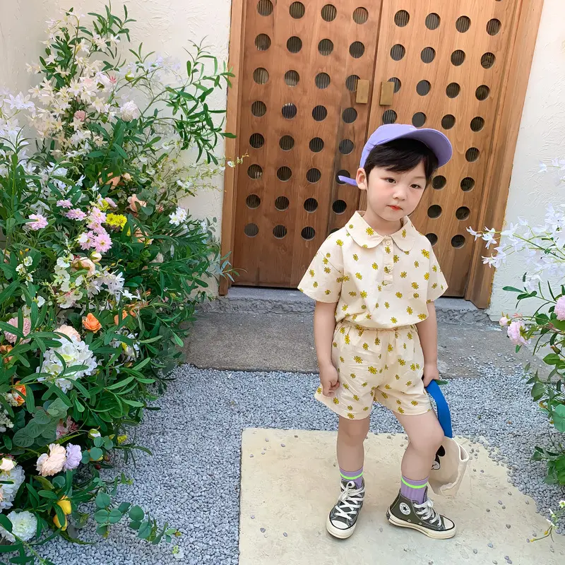 Brother and Sister Matching Outfit 2025 New Summer Boys Short Sleeves Shirts Shorts Sets Girl Chrysanthemum Floral Dress X2051