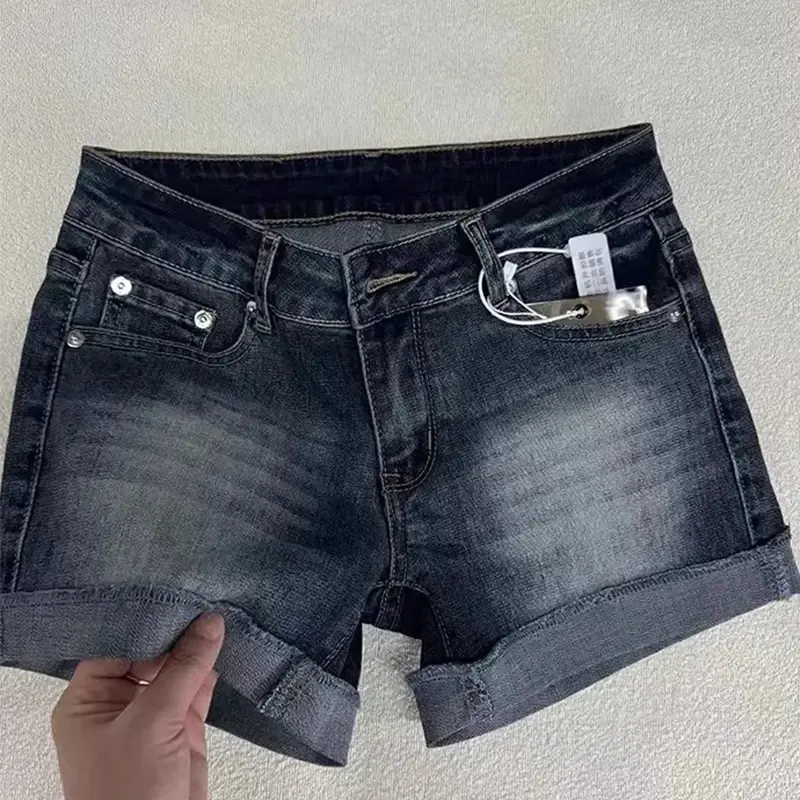 Retro Roll Up Hem Deep Blue Denim Shorts Women Summer Sexy Low Rise Hip Covering Jean Shorts Girl Hot Vintage Streewear Bottoms