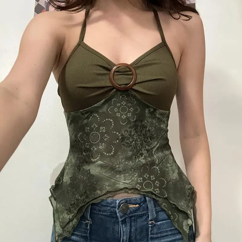 Vintage Print Boho Y2K Camisole Women Retro Backless Halter Tie Asymmetrical Tops Beach Party Summer American Vacation Clothing