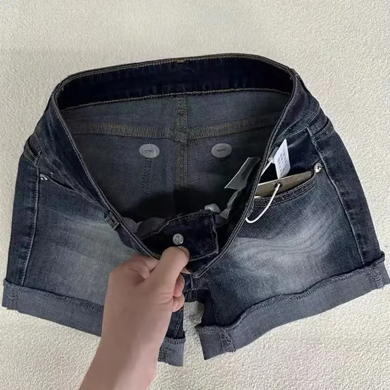 Retro Roll Up Hem Deep Blue Denim Shorts Women Summer Sexy Low Rise Hip Covering Jean Shorts Girl Hot Vintage Streewear Bottoms