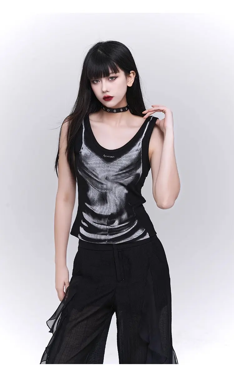 American Retro Y2K Millennial Hot Girl Street Print Halter Top for Women's Summer Slim Short Fashion Top
