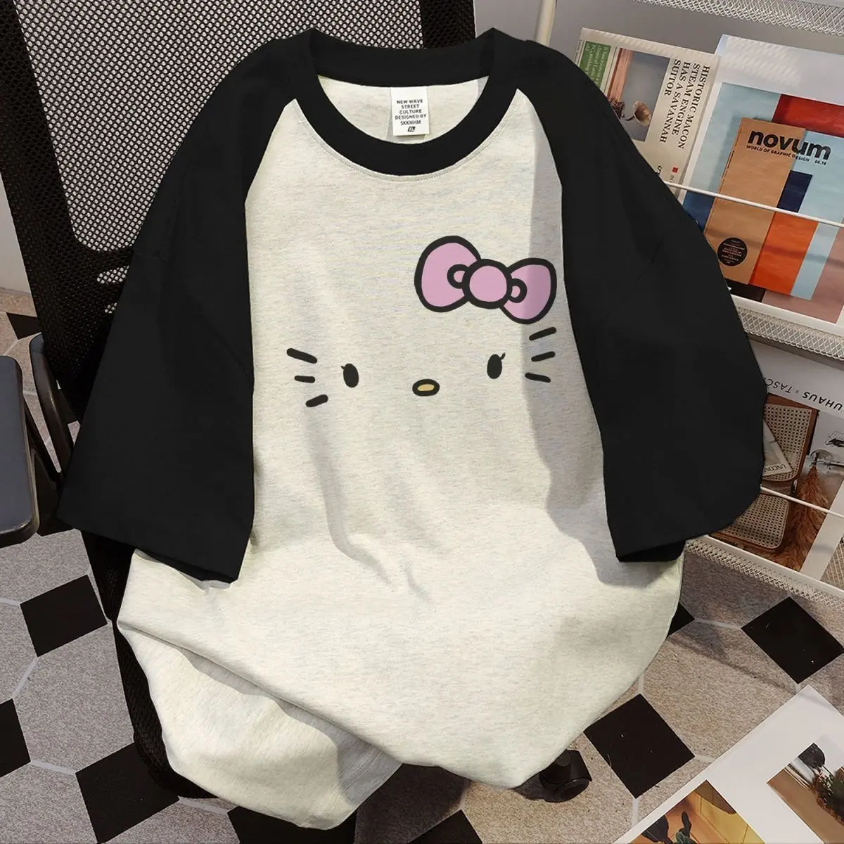 Cute Hello Kitty Cartoon 100% Cotton T-Shirt Sanrio Anime Summer Short Sleeve Kawaii Figure Cotton Loose Tops Student Girl Trend