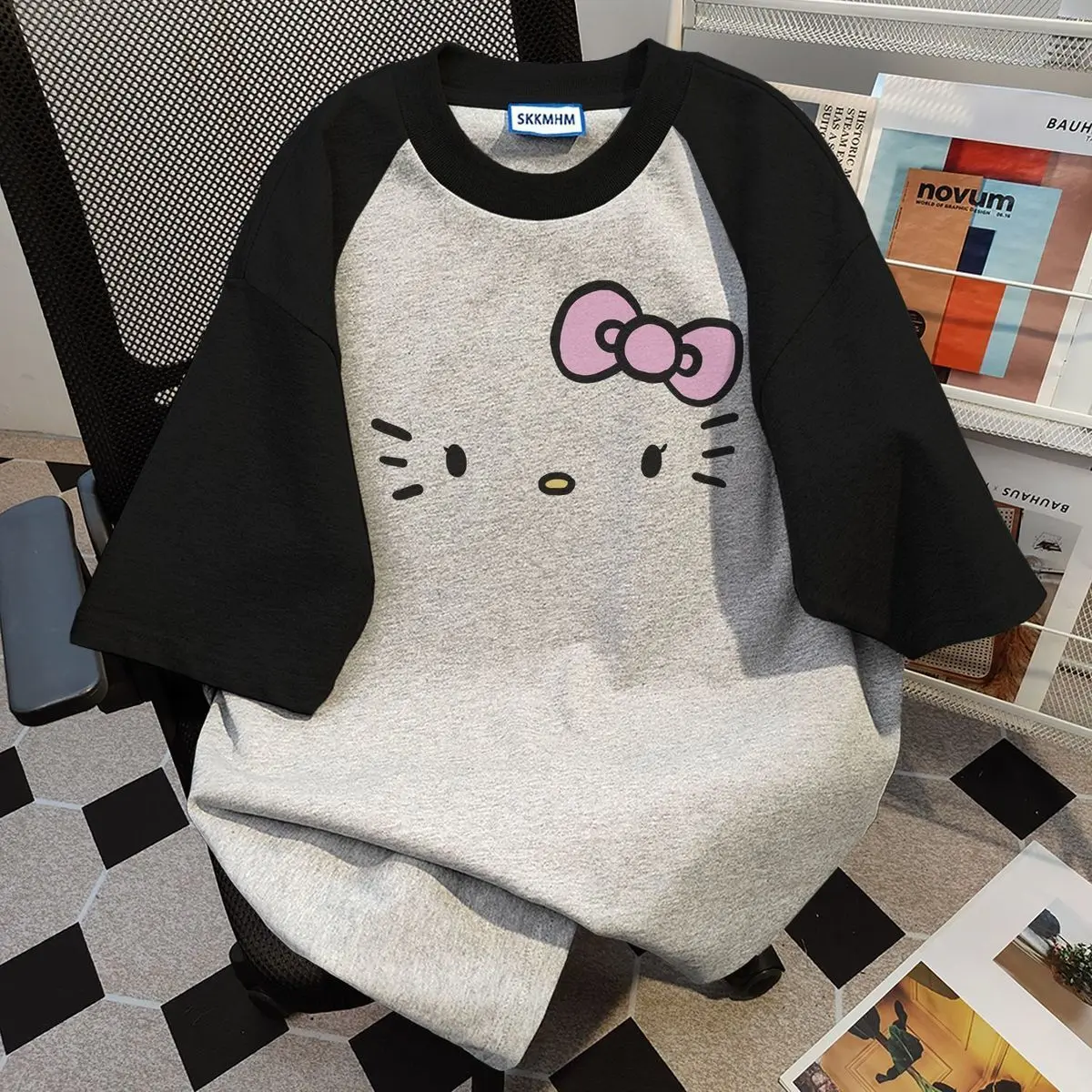 Cute Hello Kitty Cartoon 100% Cotton T-Shirt Sanrio Anime Summer Short Sleeve Kawaii Figure Cotton Loose Tops Student Girl Trend