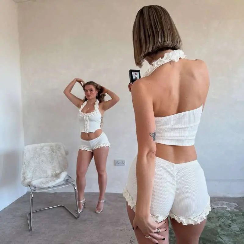 3D Ruffles Y2k White Shorts Sets Halter Slim Backless Crop Tops Mini Shorts Casual 2 Piece Suits Summer Fairycore Outfit Women