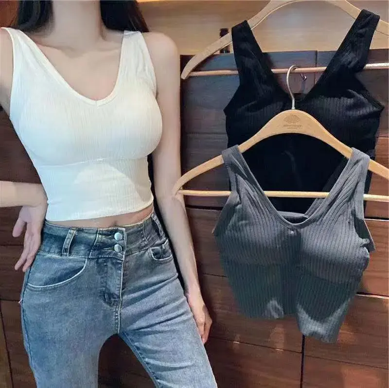 Summer Thin Sporty Short V-Neck Tight Sleeveless Tank Top Women's Beautiful Sexy Girl Pull-On Slim Fit Vest Mixed Fabric Blend