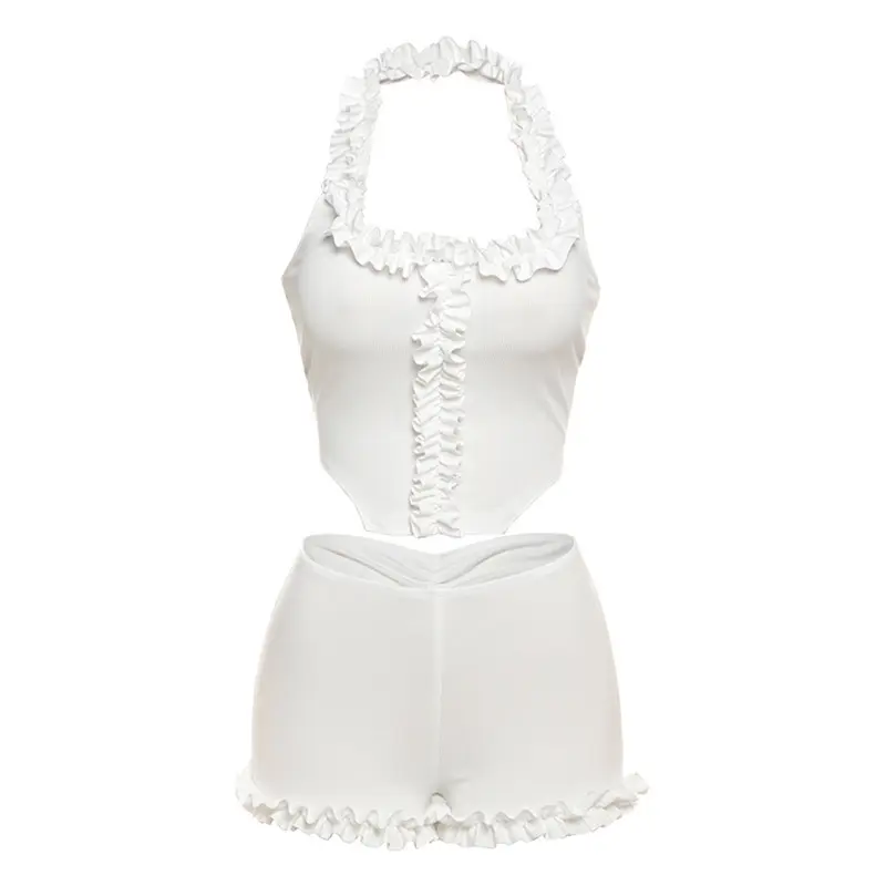 3D Ruffles Y2k White Shorts Sets Halter Slim Backless Crop Tops Mini Shorts Casual 2 Piece Suits Summer Fairycore Outfit Women