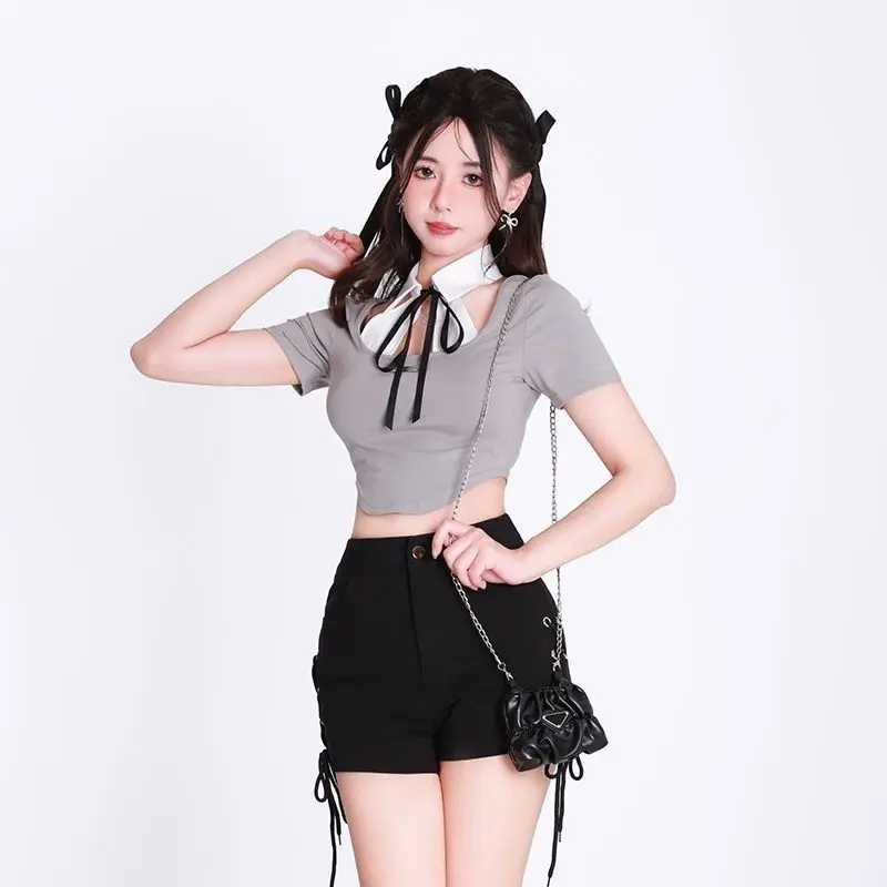 Black High Waist Elastic Strap Female Spice Girl Slim Y2k Shorts Hot Pants