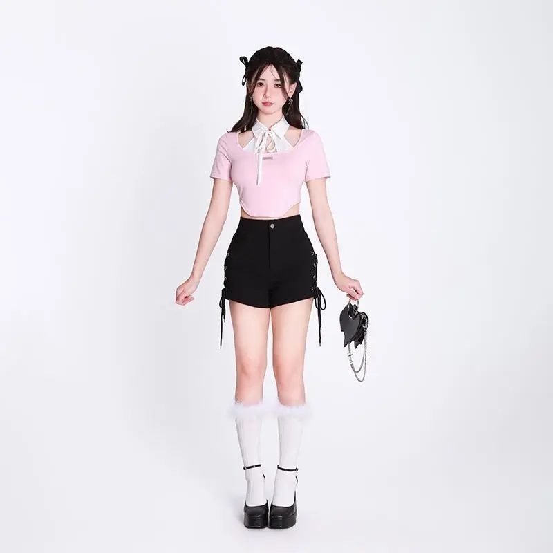 Black High Waist Elastic Strap Female Spice Girl Slim Y2k Shorts Hot Pants