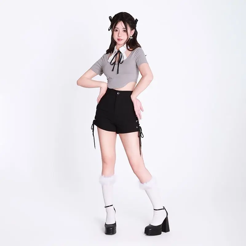 Black High Waist Elastic Strap Female Spice Girl Slim Y2k Shorts Hot Pants