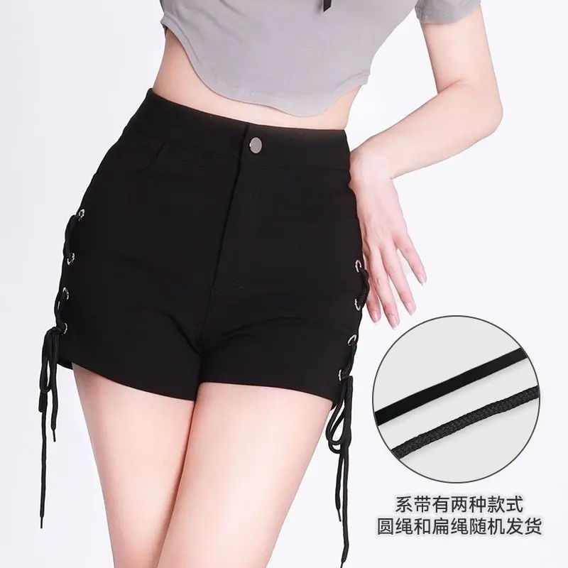 Black High Waist Elastic Strap Female Spice Girl Slim Y2k Shorts Hot Pants