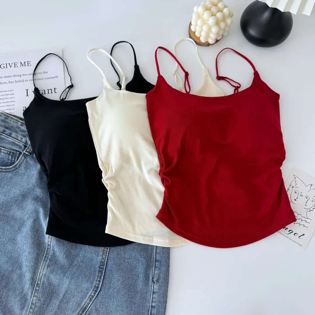 Spicy Girl Pure Desire Pleated Strap Vest Women Summer Thin Strap Inner Sweet And Spicy Style Sleeveless Mini Top Outerwear Slim