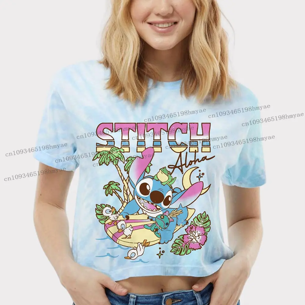 Disney Stitch Aloha Crop Top Lilo & Stitch Duck Frog Surf Beach Baby Tee 2025 Summer Fashion Women Cute Hot Short T-shirt