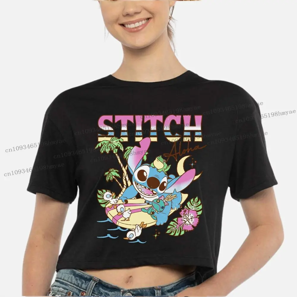 Disney Stitch Aloha Crop Top Lilo & Stitch Duck Frog Surf Beach Baby Tee 2025 Summer Fashion Women Cute Hot Short T-shirt