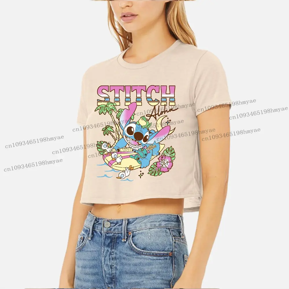 Disney Stitch Aloha Crop Top Lilo & Stitch Duck Frog Surf Beach Baby Tee 2025 Summer Fashion Women Cute Hot Short T-shirt