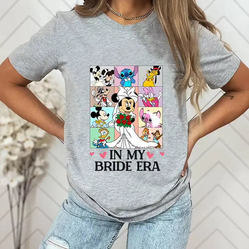 Disney In My Bride Era Minnie Friends Printed Women's Summer Fashion T-Shirt Cotton Short Sleeve Casual Top Loose Clothing