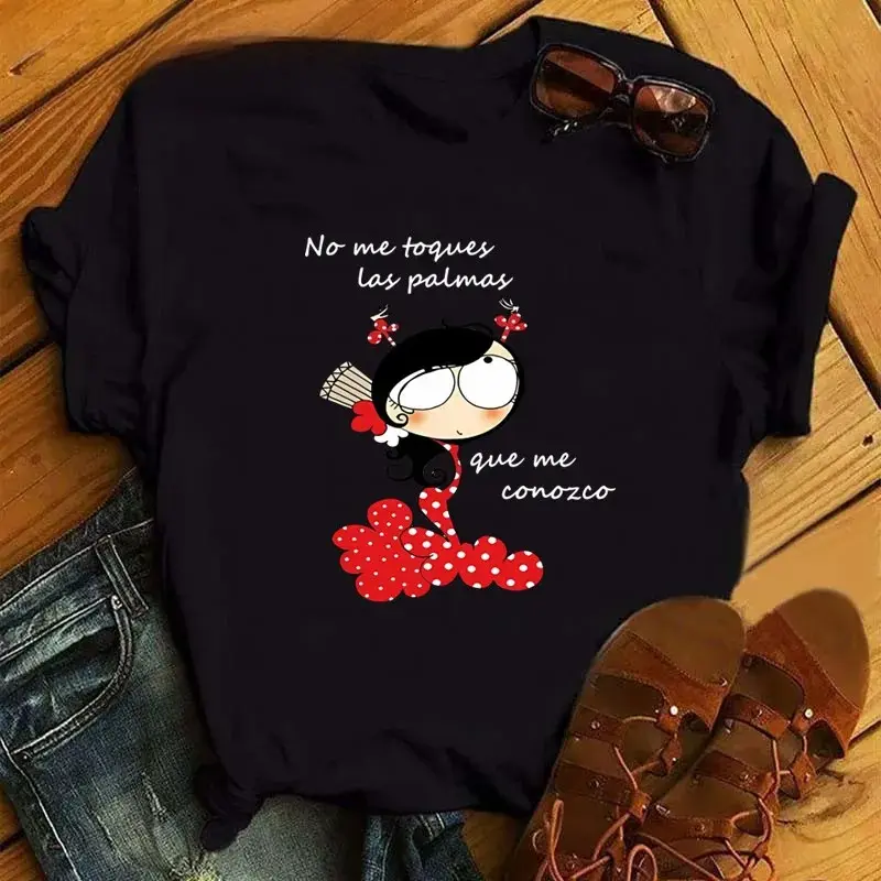 Flamenco Dance Cartoon Girl Print Ladies T-shirt Ladies Fashion Round Neck Tops Cute T-shirt Ladies Beautiful Clothing Harajuku