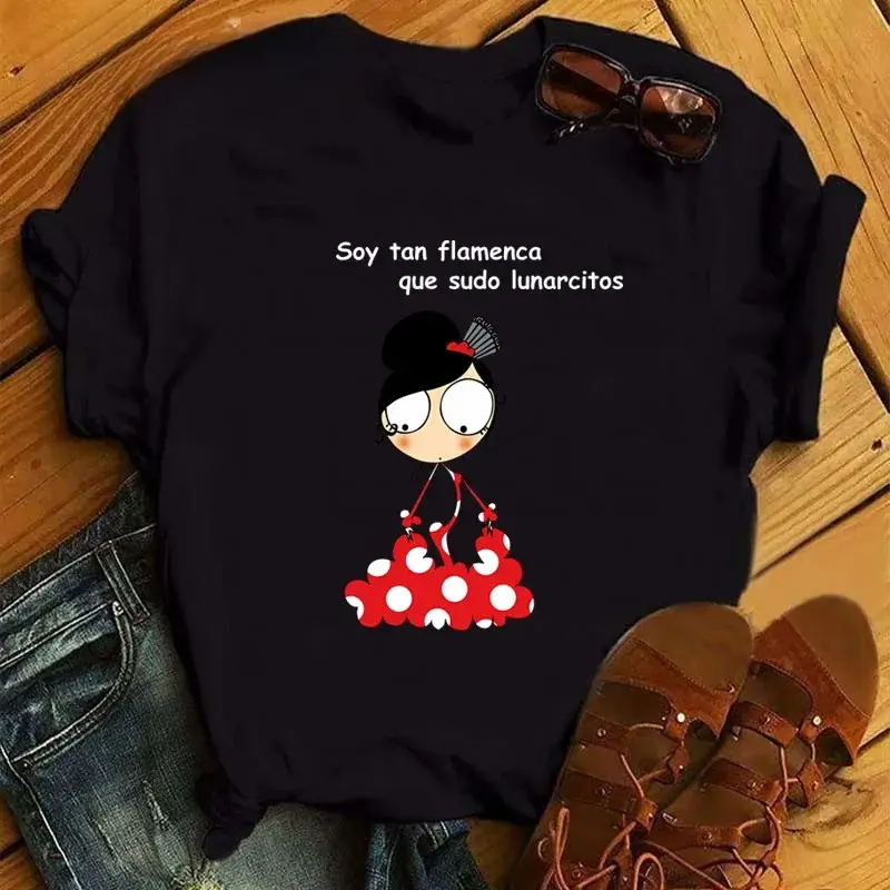 Flamenco Dance Cartoon Girl Print Ladies T-shirt Ladies Fashion Round Neck Tops Cute T-shirt Ladies Beautiful Clothing Harajuku