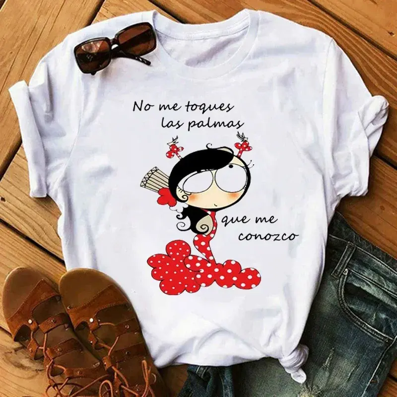 Flamenco Dance Cartoon Girl Print Ladies T-shirt Ladies Fashion Round Neck Tops Cute T-shirt Ladies Beautiful Clothing Harajuku