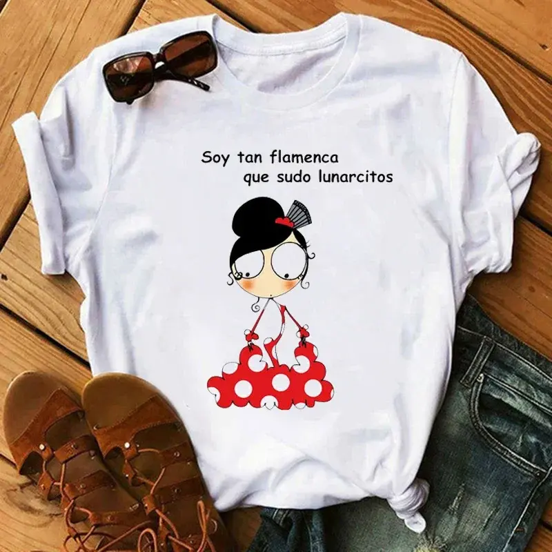 Flamenco Dance Cartoon Girl Print Ladies T-shirt Ladies Fashion Round Neck Tops Cute T-shirt Ladies Beautiful Clothing Harajuku