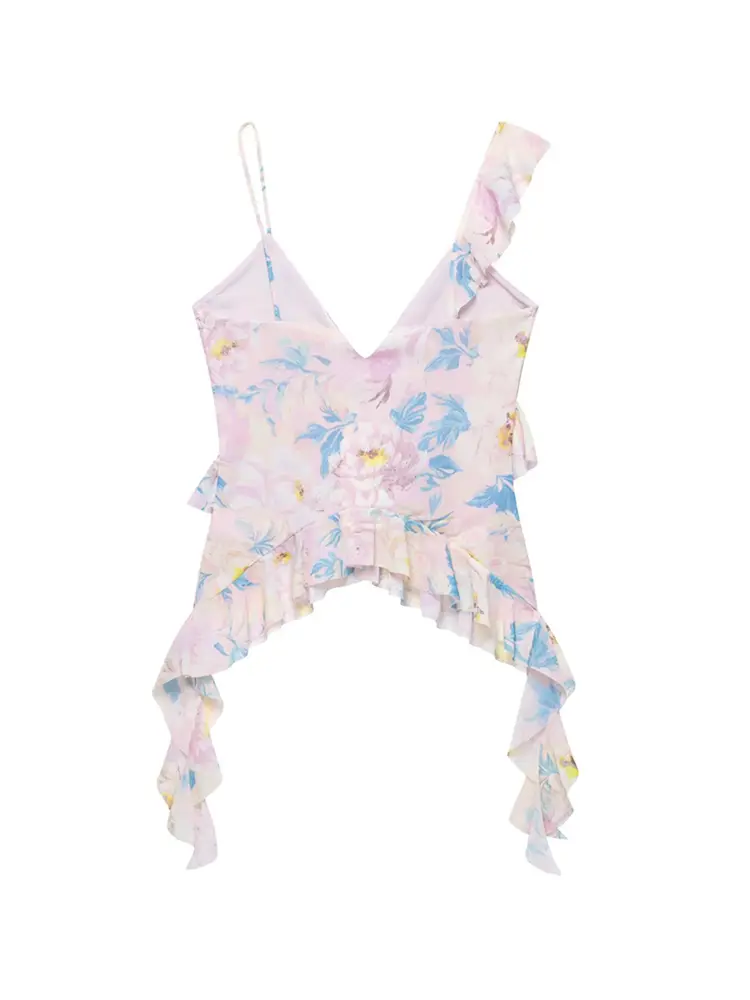 TRZA Women Fashion With Ruffles Printed Tulle Tank Tops V Neck Asymmetric Straps Female Camis Mujer
