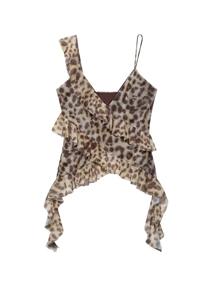 TRZA Women Fashion With Ruffles Printed Tulle Tank Tops V Neck Asymmetric Straps Female Camis Mujer