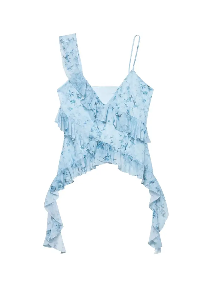 TRZA Women Fashion With Ruffles Printed Tulle Tank Tops V Neck Asymmetric Straps Female Camis Mujer