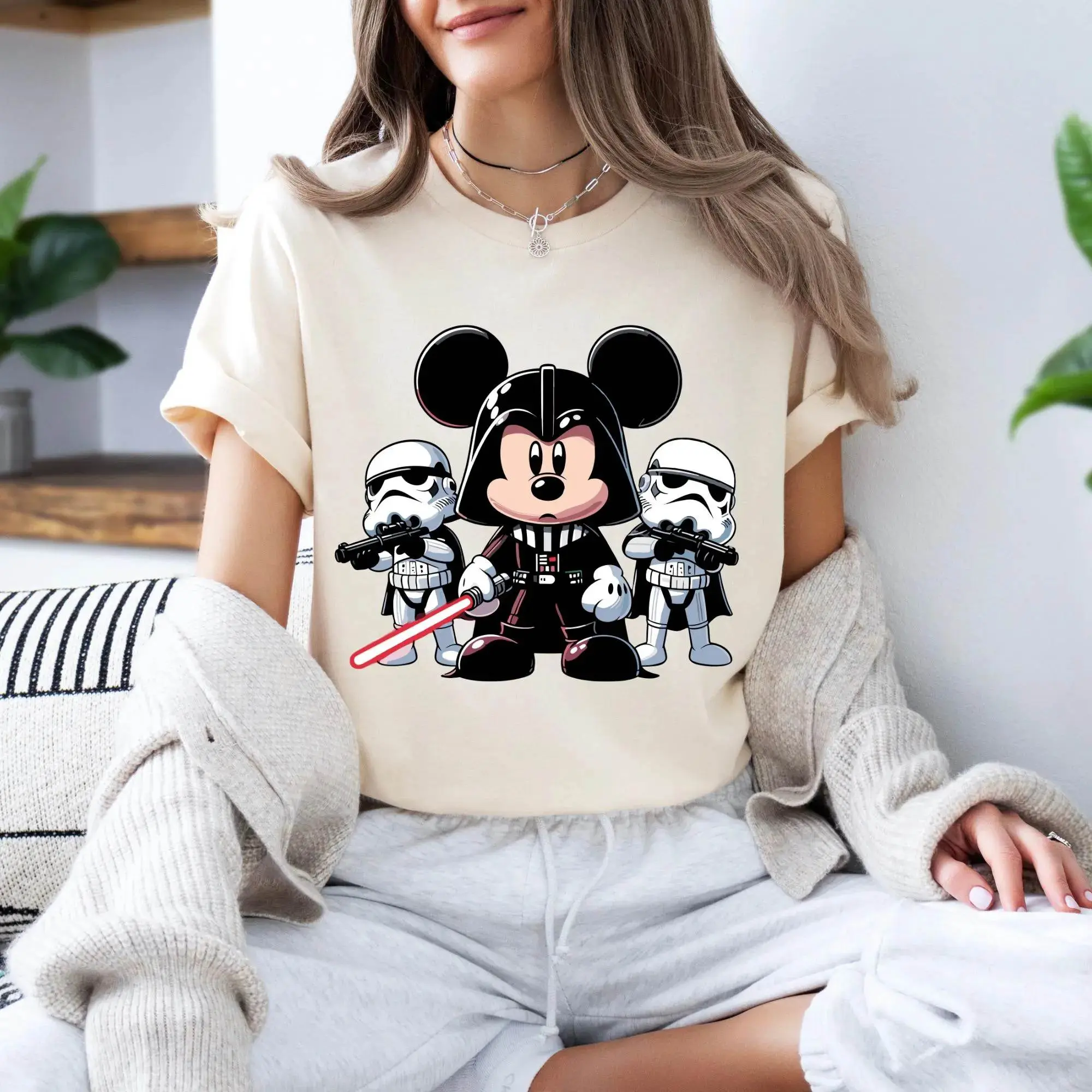 Disney Mickey Mouse Star Wars Animation Cute Printed Summer T-Shirt Boy Girl Casual Retro Short Sleeve Family Parent-Child Dress