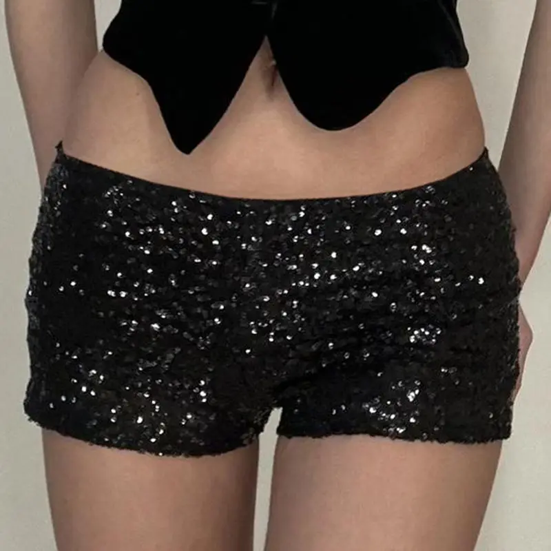 BIIKPIIK Party Mini Sequined Shorts Fashion Club Low Waist Skinny Shorts Sexy Hot Girl Y2K Bling Pants Midnight Birthday Bottoms