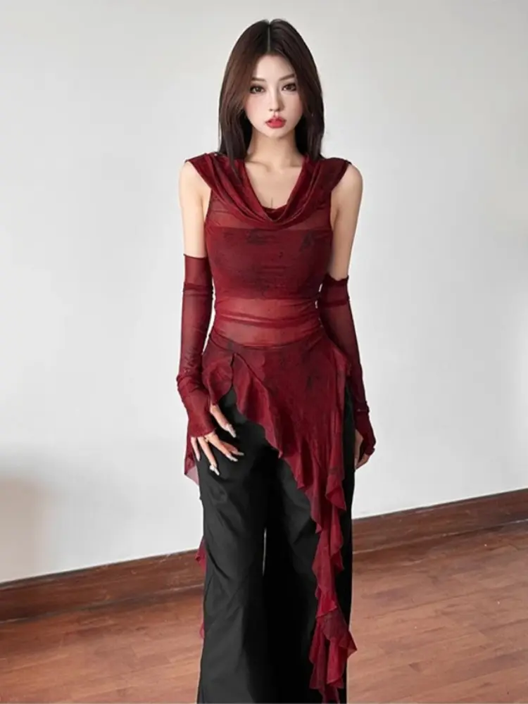 Women's Red Letter Print T-shirt Harajuku Korean Y2k Top 2000s 90s Aesthetic Grunge Vintage Removable Sleeves T-shirts Clothes