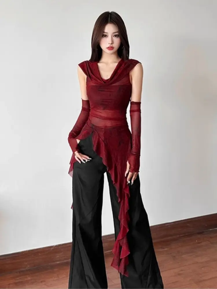 Women's Red Letter Print T-shirt Harajuku Korean Y2k Top 2000s 90s Aesthetic Grunge Vintage Removable Sleeves T-shirts Clothes