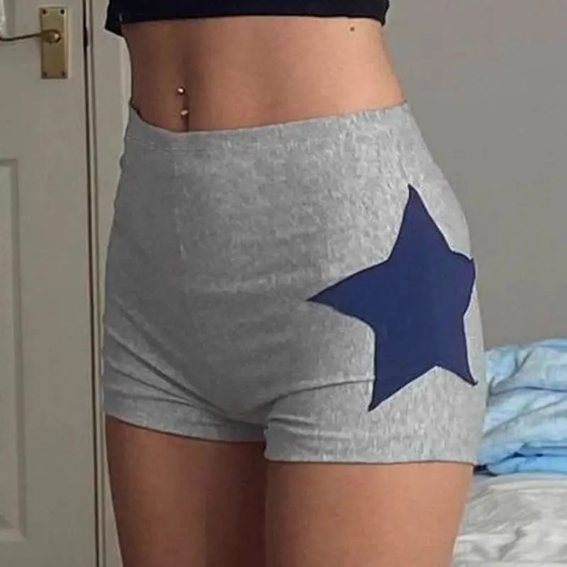 American hot girl contrasting color five-pointed star patch embroidered shorts women summer wear tight low-waist sports shorts