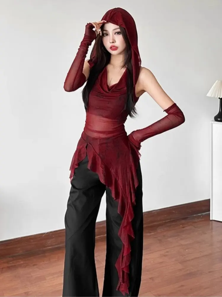 Women's Red Letter Print T-shirt Harajuku Korean Y2k Top 2000s 90s Aesthetic Grunge Vintage Removable Sleeves T-shirts Clothes