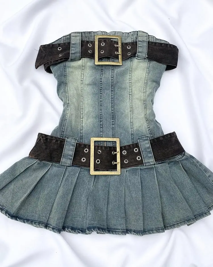 Y2K Blue Denim Mini Slim Fit Dress Harajuku Sexy Tube Dress Gothic Hot Girl Pleated Skirt Vintage Belt Dress Women Short Skirt