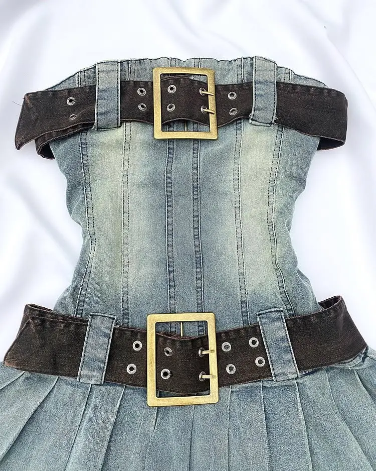 Y2K Blue Denim Mini Slim Fit Dress Harajuku Sexy Tube Dress Gothic Hot Girl Pleated Skirt Vintage Belt Dress Women Short Skirt