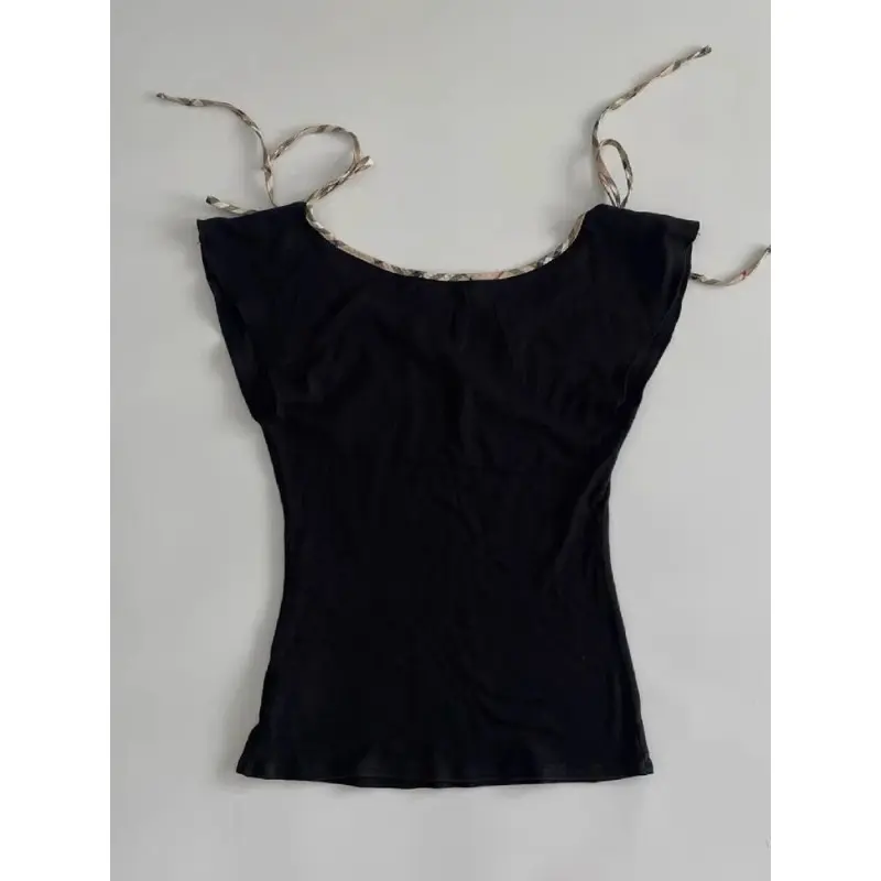 Sweet Japanese Vintage Black T Shirts Bow Tie Female 2024 Summer Simple Short Slleeves Top Slim Retro France Sexy Women Tees