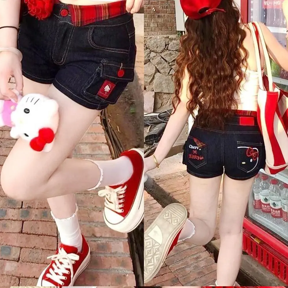Y2K Hello Kitty Women Shorts Summer Hot Girls Embroidery Jeans Shorts Female Cartoon Sanrio 2025 New Sexy High Waist Hot Pants