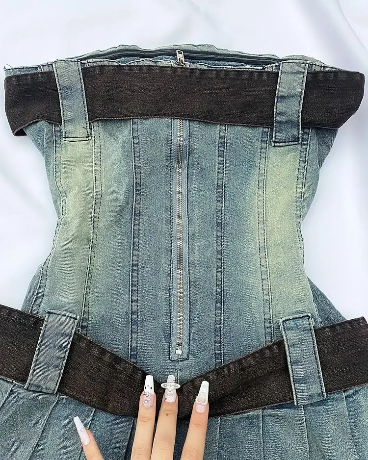 Y2K Blue Denim Mini Slim Fit Dress Harajuku Sexy Tube Dress Gothic Hot Girl Pleated Skirt Vintage Belt Dress Women Short Skirt